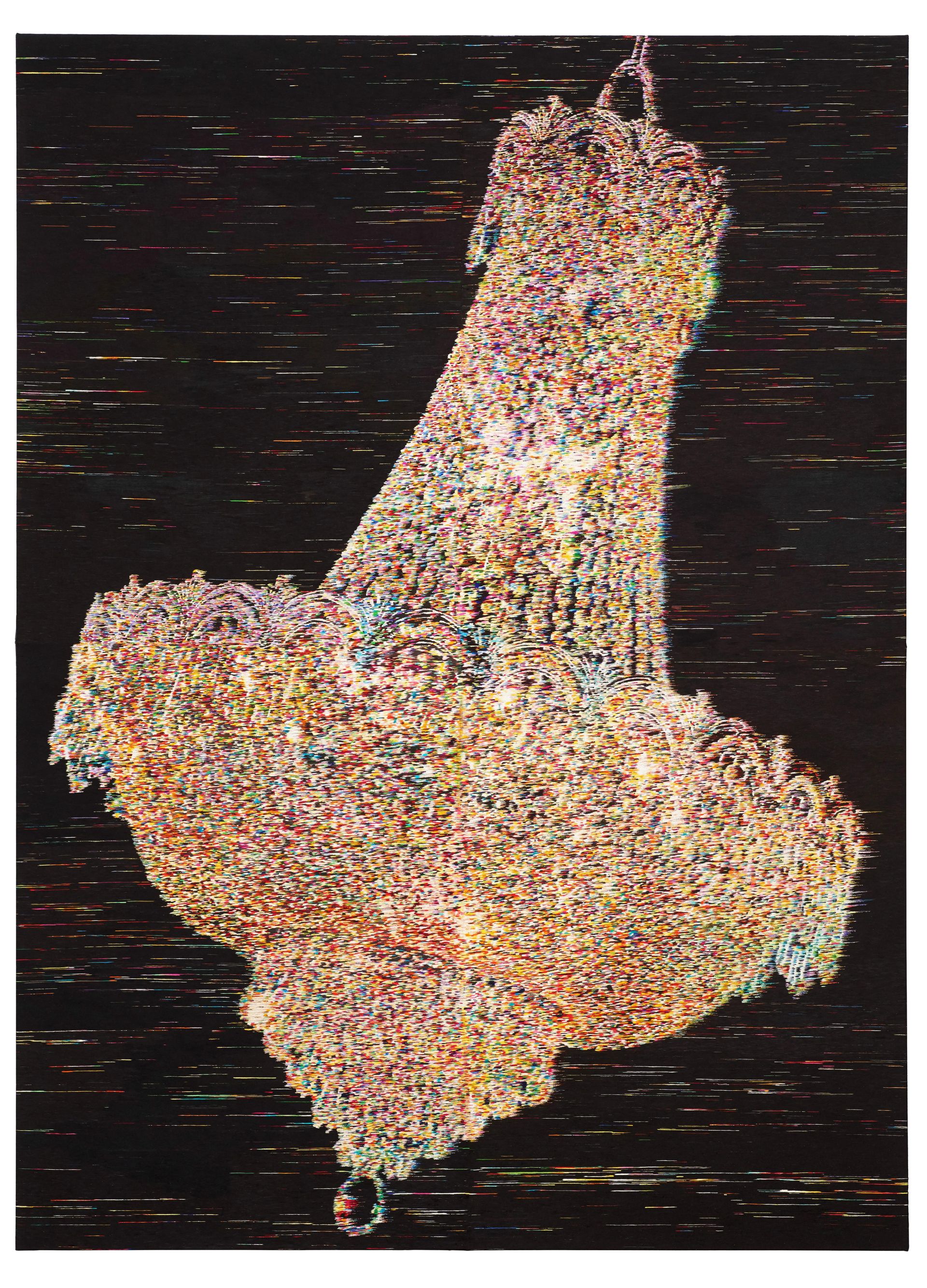 Kyungah Ham, What you see is the unseen / Chandeliers for Five Cities BK 03-05, 2016–17, North Korean hand embroidery, silk threads on cotton, middle man, anxiety, censorship, ideology, wooden frame, appox. 2200 hrs., 2 persons, 245 × 180 cm, Courtesy the artist and Kukje Gallery, Seoul, carlier | gebauer, Berlin/Madrid